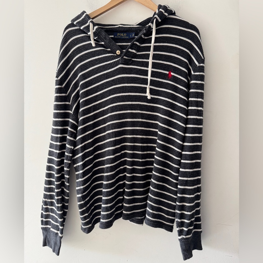 Polo‎ Ralph Lauren Gray and White Waffle Stripe Mens Hoodie Pullover Jacket
